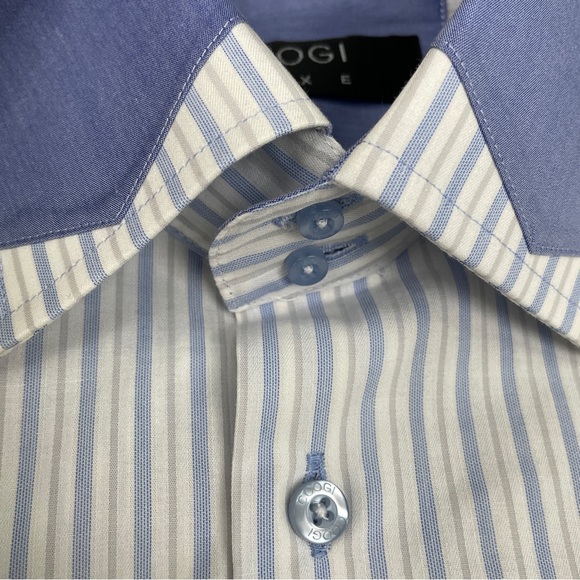 COOGIE LUXE Dress Shirt Mens M 15.5/16 White Blue Striped L/S Flip Cuff Logo - Picture 3 of 14
